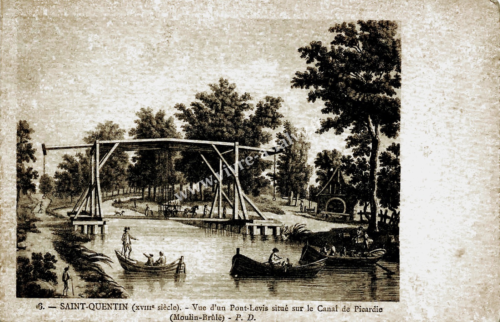 0 saint quentin gravure xviiieme siecle vue d un pont levis
