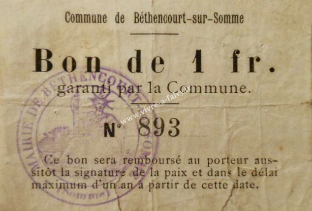 3 bethencourt bon de 1 franc