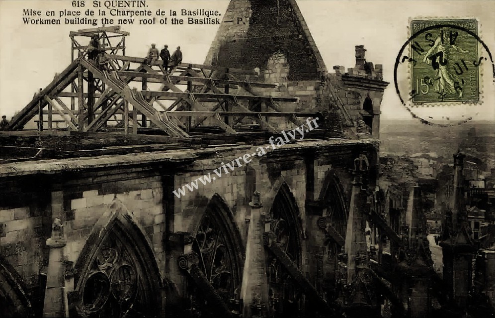 5 saint quentin mise en place de la toiture de la basilique travaux chantier apres guerre