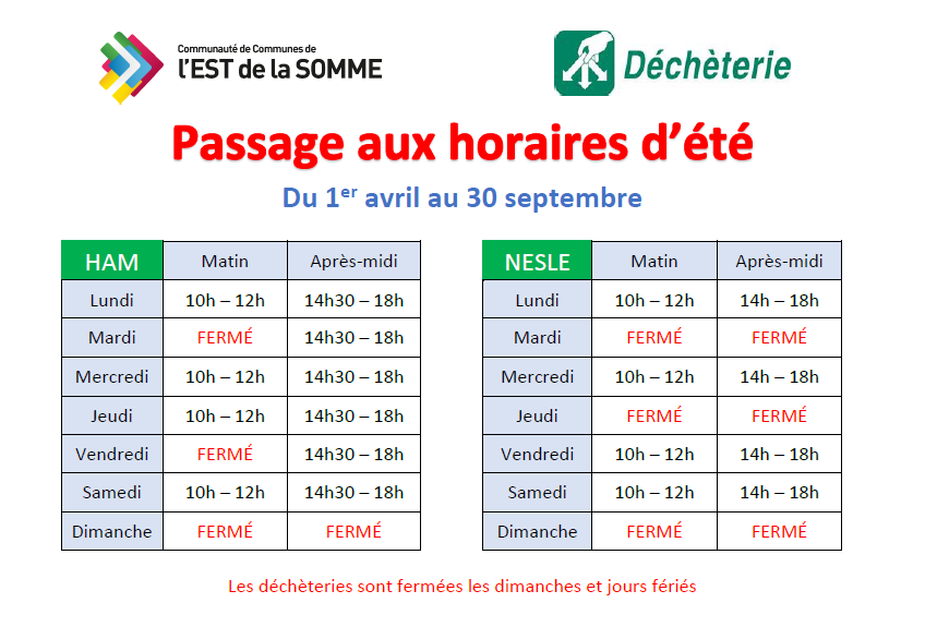 Horaires decheteries ete